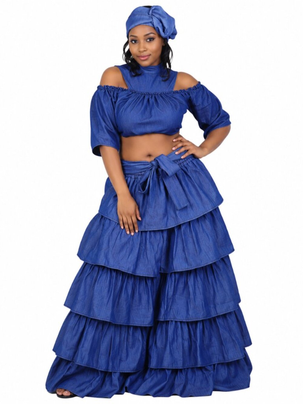 Women’s Denim Print Ruffle Skirt Set with Matching Headwrap Off Shoulder Crop